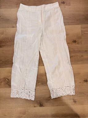 Zara White Cropped Crochet Hem Trousers